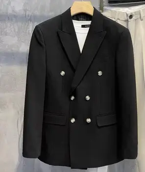 סגנון חדש של גברים מוצק צבע אחוי צווארון עם שרוולים ארוכים שטחי כותנה כפול עם חזה ז ' קט מעיל ABB392